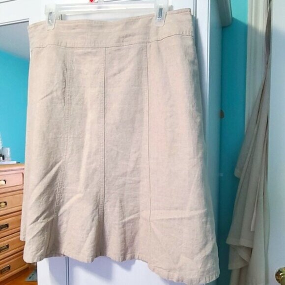 Reitmans Women Linen Beige Cream Taupe Khaki A-Line Lined Midi Summer Skirt - Picture 3 of 8